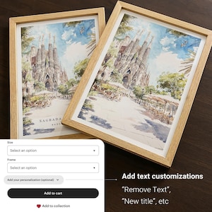 a framed watercolor painting of the Sagrada Familia, a famous Roman Catholic church in Barcelona, Spain. The painting depicts the basilica's intricate architectural details and the surrounding cityscape. The image is displayed on a wooden surface, and there is a text overlay that allows the user to customize the text within the painting.