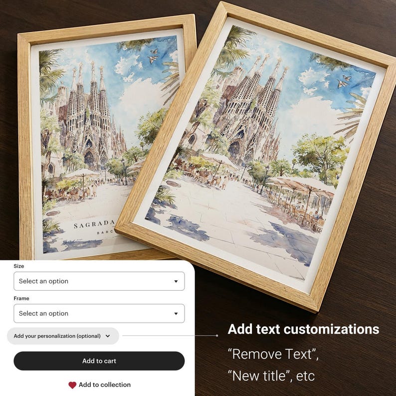 a framed watercolor painting of the Sagrada Familia, a famous Roman Catholic church in Barcelona, Spain. The painting depicts the basilica's intricate architectural details and the surrounding cityscape. The image is displayed on a wooden surface, and there is a text overlay that allows the user to customize the text within the painting.