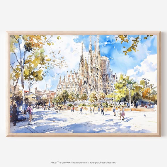 サグラダ・ファミリアの壁画：バルセロナ水彩画風デジタルダウンロード