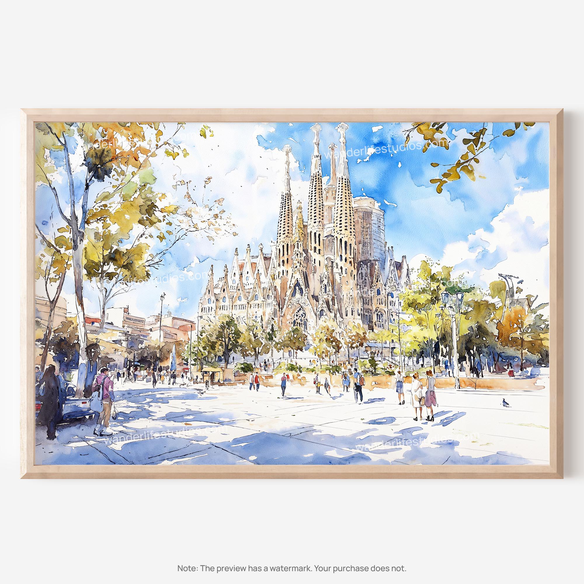 サグラダ・ファミリアの壁画：バルセロナ水彩画風デジタルダウンロード