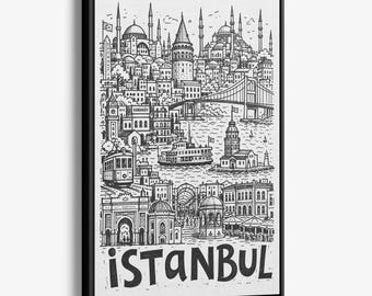 Istanbul Pencil-Style Canvas Print: Bosphorus Bridge, Heritage Tram and Minarets Wall Decor