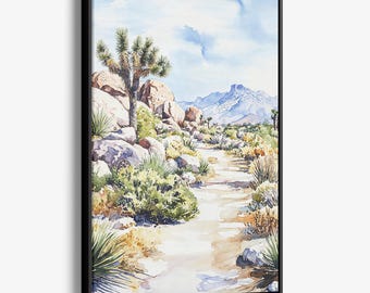 Joshua Tree Aquarell Leinwand: Wüstenlandschaft Wanddeko