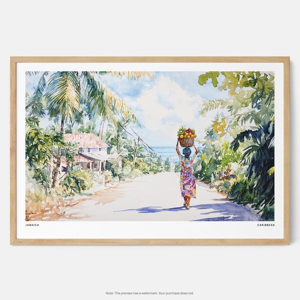 Jamaica Watercolor Art Print: Tropical Scene with Woman Carrying Fruit