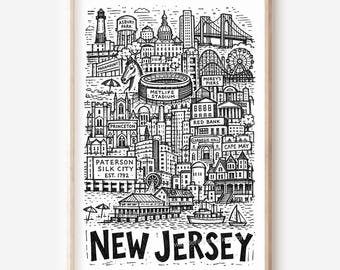 Skyline de New Jersey City - Illustration murale imprimable : style crayon - Téléchargement numérique