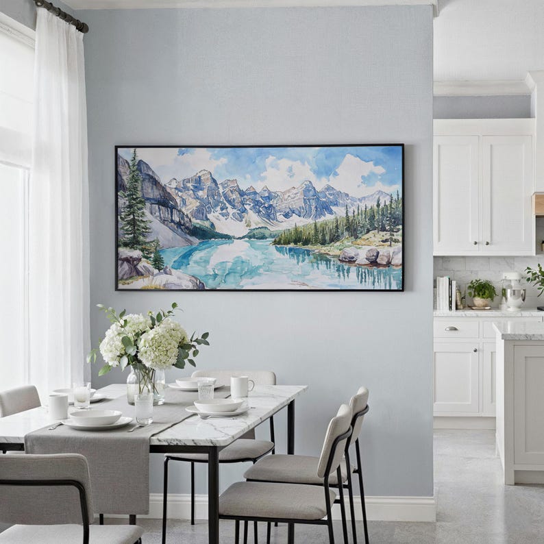 Banff National Park Canvas Print: Alpine Lake Panorama Wall Art in Scenic Watercolor Style zdjęcie 2
