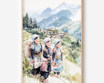 Sztuka ścienna ludu Hmong: Sapa, Wietnam, akwarele do pobrania w wersji cyfrowej
