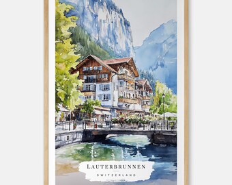 Lauterbrunnen Switzerland Watercolor Print - Swiss Village Wall Art - Switzerland Travel Print - Travel Gift - Moving Gift - New Home Gift