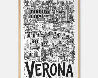 Verona Pencil-Style Art Print: Arena, Ponte Pietra and Juliet's Balcony Wall Decor