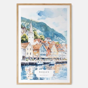 Norway Bergen Waterfront Scene Watercolor Art Print - Charming Scandinavian Wall Art - Norway Travel Print - Travel Gift - Moving Gift