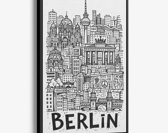 Berlin Pencil-Style Canvas Print: East Side Gallery, Fernsehturm and Oberbaum Bridge Wall Decor