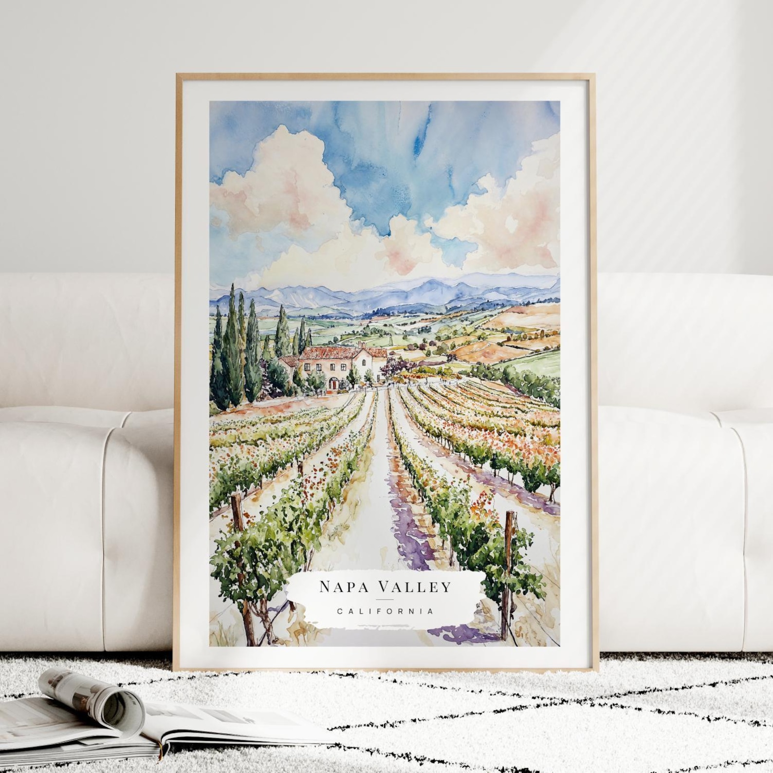 Napa Valley Vineyard Watercolor Art Print - California Wall Art - USA ...