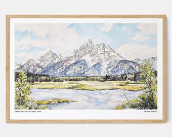 Grand Teton National Park Watercolor Art Print: Scenic Mountain Landscape Decor
