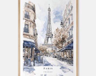 Paris Watercolor Painting Art Print - France Travel Print with Paris Cafes and Eiffel Tower - Travel Gift - Moving Gift - New Home Gift