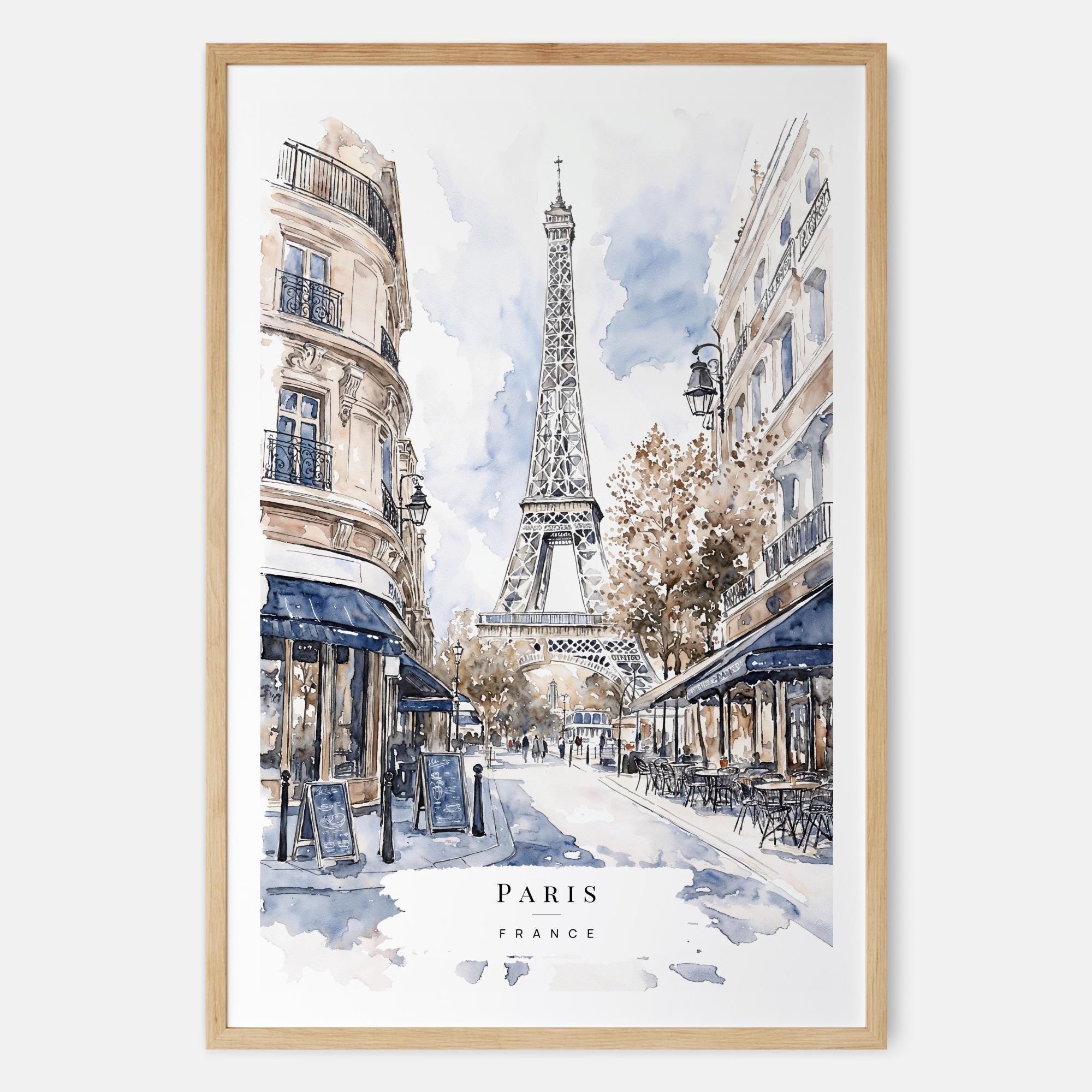 Paris Watercolor Painting Art Print - France Travel Print with Paris Cafes and Eiffel Tower - Travel Gift - Moving Gift - New Home Gift