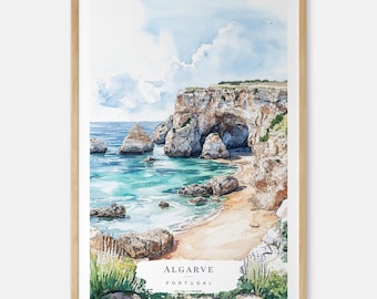 Algarve Portugal Beach Watercolor Art Print - Portuguese Coastal Wall Art - Portugal Travel Gift - Moving Gift - New Home Gift