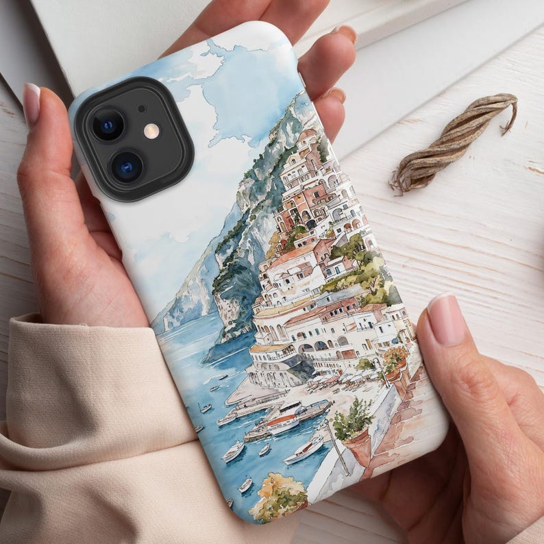 Positano Italy Phone Case with Coastal Watercolor Art, Italy Travel Gift, Travel Art Phone Cover, Travel Lover Gift, Europe Travel Gift afbeelding 2