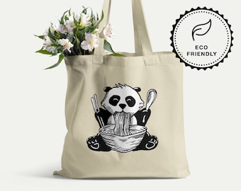 Cute Panda Bear Tote Bag - Kawaii Tote Bag with Panda Eating Ramen Noodle - Eco-Friendly And Reusable Cotton Tote Bag - Panda Gift for Her
