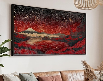 Red Japan Inspired Panorama Canvas Print: Mount Fuji Landscape Wall Art