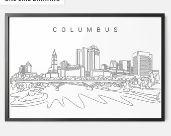 Framed Columbus Skyline Wall Art - Columbus Ohio Art Print Wall Decor with Continuous One Line Drawing of the Cityscape