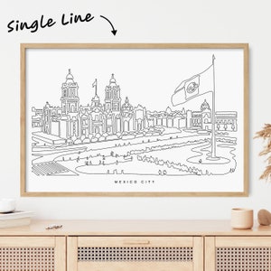 Framed Mexico City Art Print - Mexico Art with One Line Drawing of the main square with the Metropolitan Cathedral and Constitution Plaza