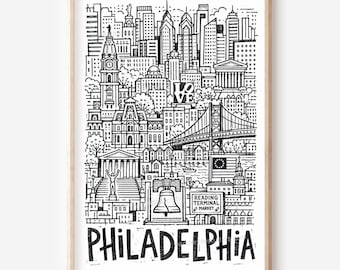 Illustration murale imprimable de Philadelphie : croquis au crayon à télécharger