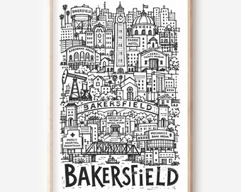 Affiche imprimable de la ville de Bakersfield : Skyline style crayon (téléchargement numérique)