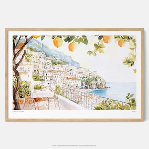 Amalfi Coast Art Print: Coastal Landscape with Lemon Trees, Watercolor Wall Art image 1