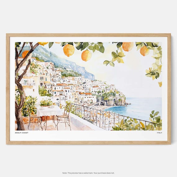 Amalfi Coast Art Print: Coastal Landscape with Lemon Trees, Watercolor Wall Art