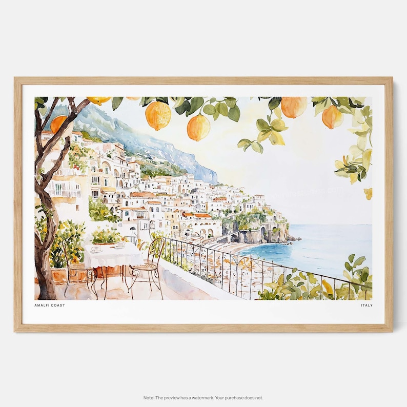 Amalfi Coast Art Print: Coastal Landscape with Lemon Trees, Watercolor Wall Art image 1
