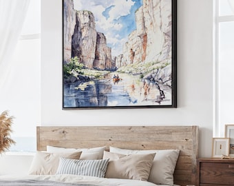 Big Bend National Park Square Canvas Print: Watercolor Style Art of River and Cliffs