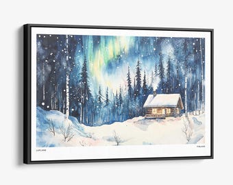 Finland Lapland Aurora Canvas Print: Whimsical Watercolor Art