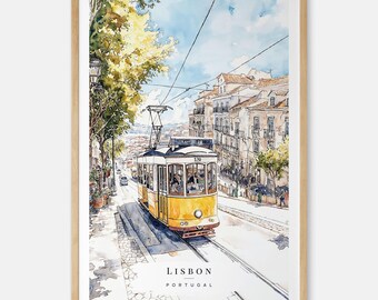 Lisbon Portugal Watercolor Art Print - Portugal Wall Art - Lisbon Travel Print with Tram 28 - Travel Gift - Moving Gift - New Home Gift