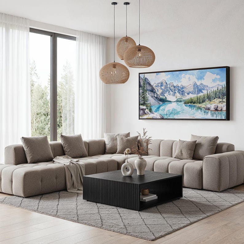 Banff National Park Canvas Print: Alpine Lake Panorama Wall Art in Scenic Watercolor Style zdjęcie 5