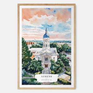 Arte ad acquerello di Athens, Georgia, decorazioni da parete Georgia, stampe artistiche Georgia, decorazioni da parete con paesaggi urbani, regali da viaggio, decorazioni per la casa del sud, regali di Athens