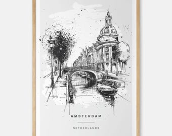 Amsterdam Art Print With the Canal District as Unique Pen Line