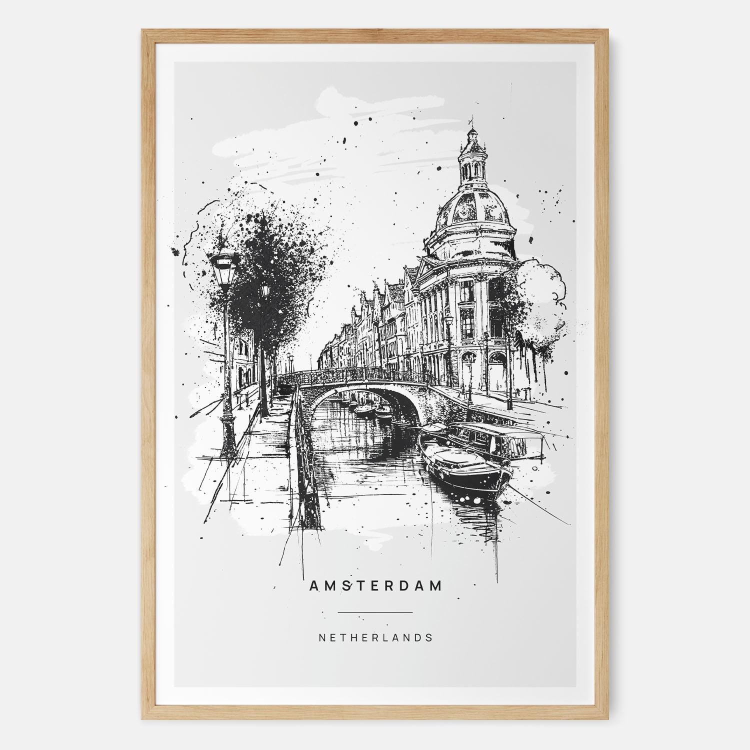 Amsterdam Art Print With the Canal District as Unique Pen Line