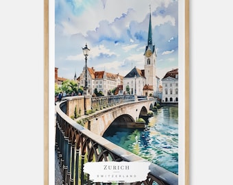Zurich Art Print, Zurich Watercolor Art, Switzerland Wall Art, Switzerland Travel Print, Travel Gift, Moving Gift, New Home Gift