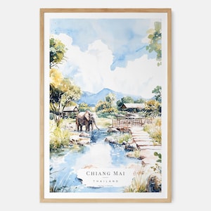 Chiang Mai Watercolor Print, Thailand Wall Art, Elephant Art Print, Travel Decor, Thailand Gift, Nature Art Print, Wildlife Wall Art