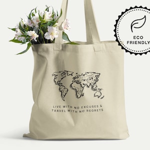 Sac fourre-tout en coton carte du monde pour voyageur du monde - Sac fourre-tout mignon avec dessin au trait carte du monde - Sac de tous les jours écologique et réutilisable
