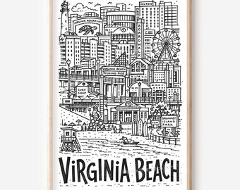 Virginia Beach Printable Wall Art: Coastal City Skyline Pencil-Style Digital Download