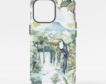 Arenal Volcano Phone Case: Tropical Nature Art with Toucan and Waterfall Design