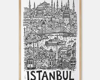 Istanbul Pencil-Style Art Print: Grand Bazaar Gate, Street Tram and Waterfront Mosques Wall Decor