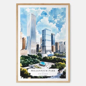 Stampa artistica ad acquerello Chicago Millennium Park - Chicago Cloud Gate Wall Art - Stampa di viaggio negli USA - Regalo di viaggio - Regalo di trasloco - Regalo per la nuova casa