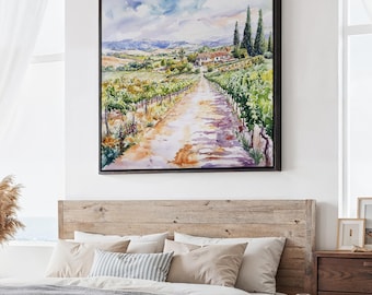 Napa Valley Vineyard Canvas Print: Square Landscape Wall Art in Watercolor Style