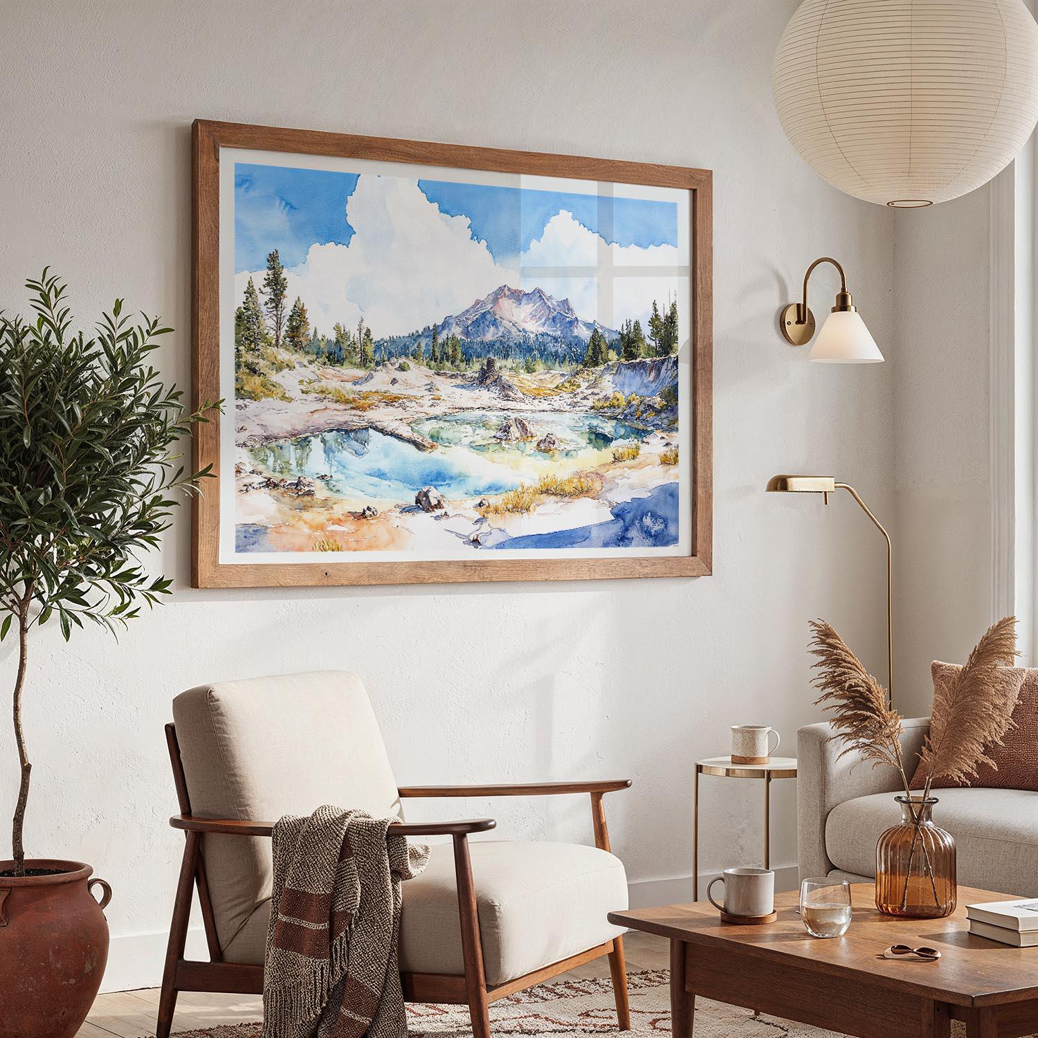 ラッセン火山国立公園の壁画：水彩風景画 デジタルダウンロード - Etsy
