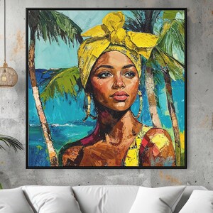 Jamaica Canvas Wall Art, Jamaican Woman Wall Art, Large Canvas Print, Square Canvas Wall Art, Tropical Wall Art, Tropical Beach Painting image 1