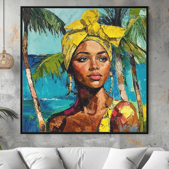 Jamaica Canvas Wall Art, Jamaican Woman Wall Art, Large Canvas Print, Square Canvas Wall Art, Tropical Wall Art, Tropical Beach Painting