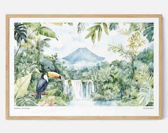 Arenal Volcano Art Print Watercolor: Lush Costa Rica Jungle and Waterfall