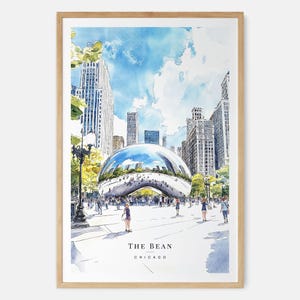 Stampa artistica ad acquerello Chicago Bean - Chicago Cloud Gate Wall Art - Stampa di viaggio negli USA - Regalo di viaggio - Regalo di trasloco - Regalo per la nuova casa