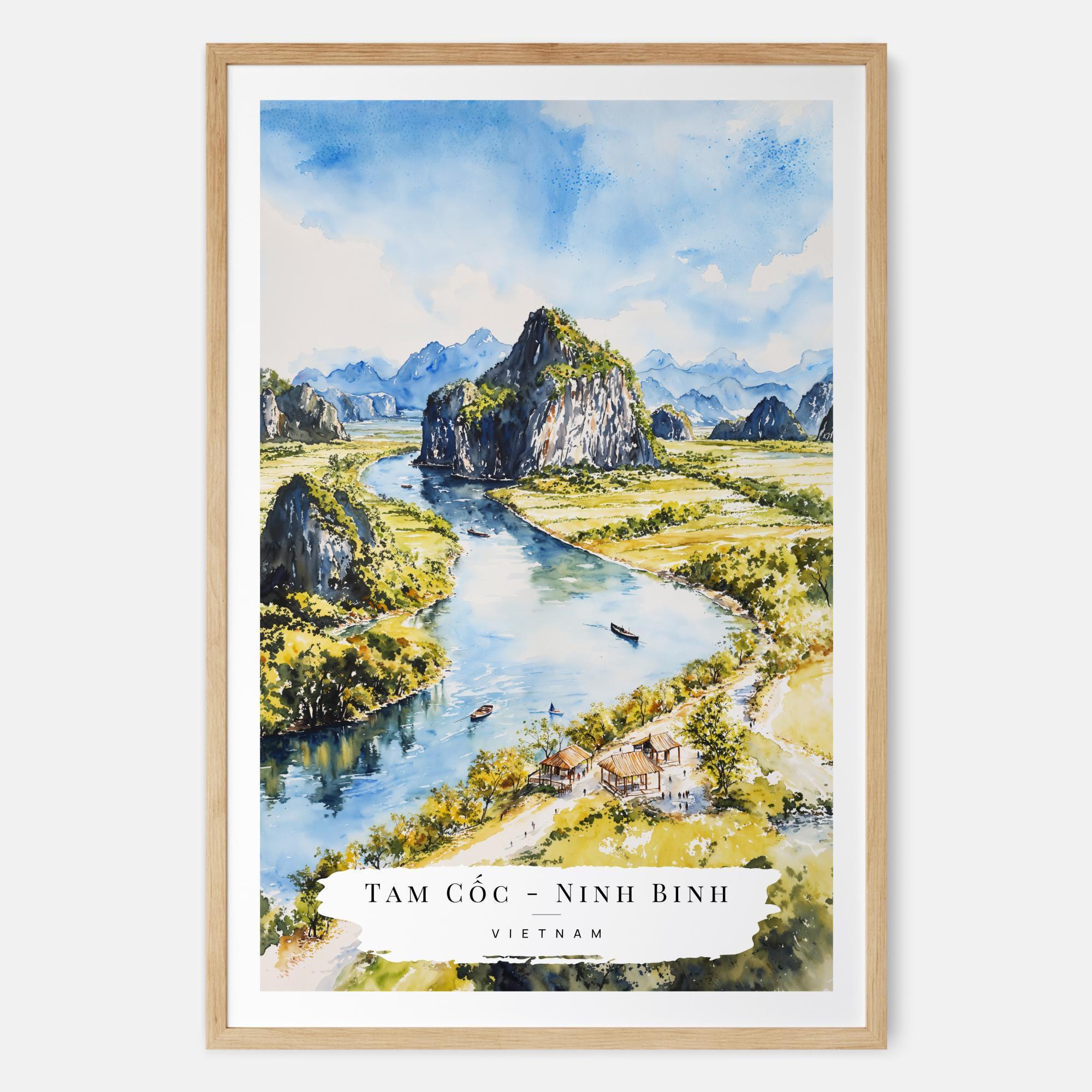 Tam Cốc Ninh Binh Vietnam Watercolor Art Print - Vietnam Wall Art